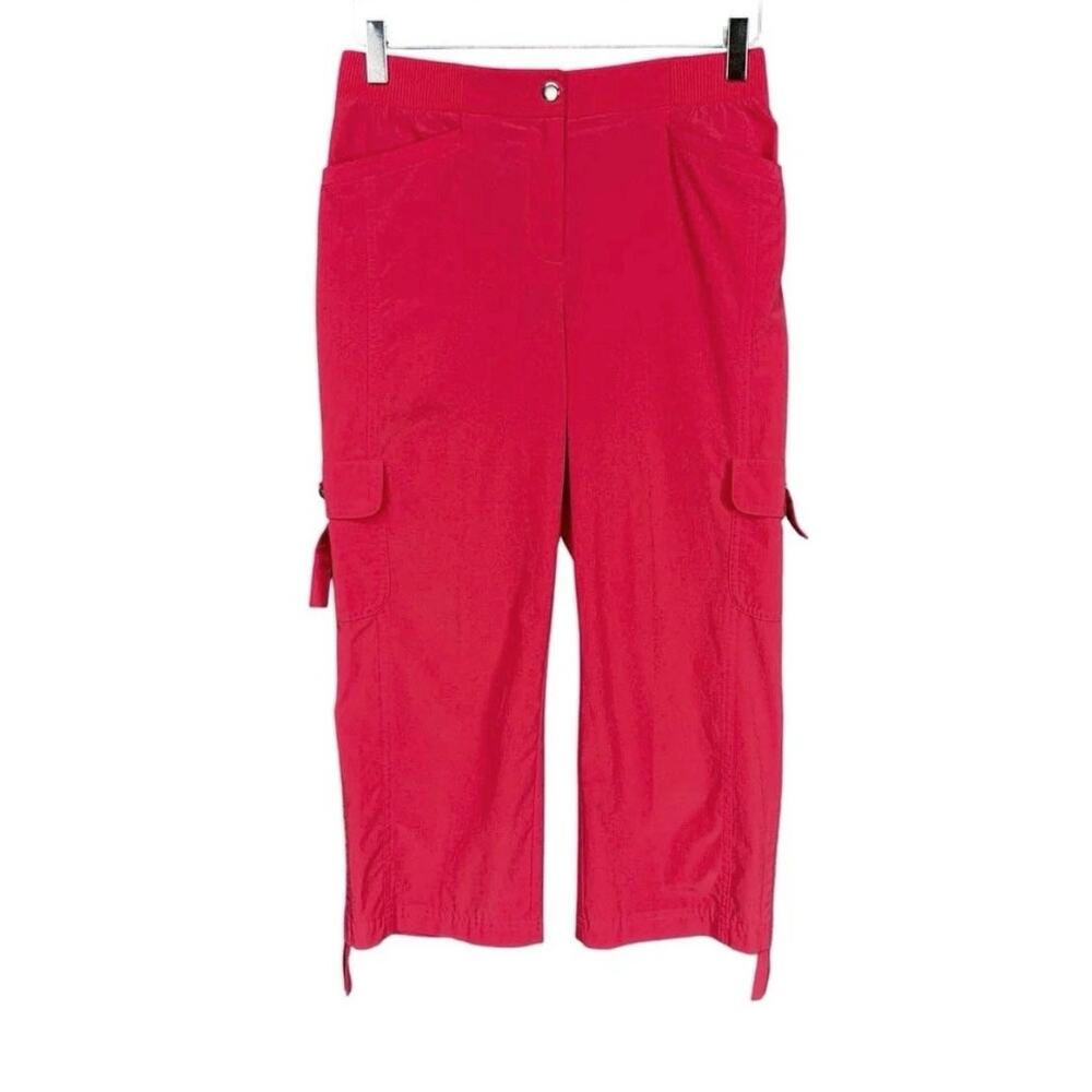 Chico's Zenergy Pants Size Large Coral Red Cargo Crop Stretch Capri Cinch Hem